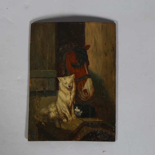 605 - Wagner, animals at a barn door, oil on wood panel, signed WAGNER and indistinctly dated lower left c... 