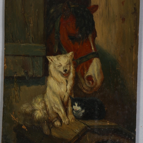 605 - Wagner, animals at a barn door, oil on wood panel, signed WAGNER and indistinctly dated lower left c... 