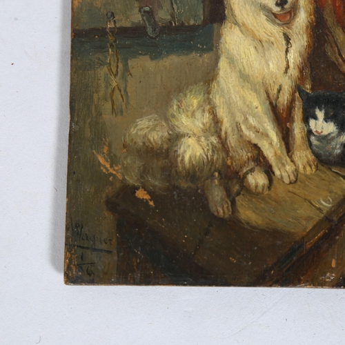 605 - Wagner, animals at a barn door, oil on wood panel, signed WAGNER and indistinctly dated lower left c... 