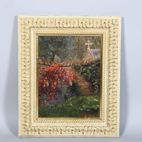 606 - Glotan Diarel(?) European School, 'Walled Garden Scene', oil on board, 29cm x 22cm, framed.