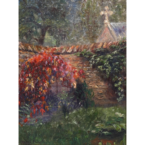 606 - Glotan Diarel(?) European School, 'Walled Garden Scene', oil on board, 29cm x 22cm, framed.