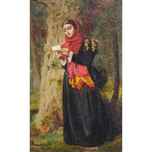 607 - Edwin Hughes (1842-1922) 'Woman Reading a Letter', oil on card, signed lower right, 19cm x 12cm, fra... 