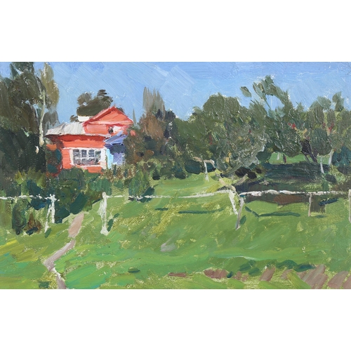 611 - Leonid Fokin (Russian 1930-1985) 'Red Dacha For Artists', oil on board c.1958, 17cm x 24cm, framed (... 