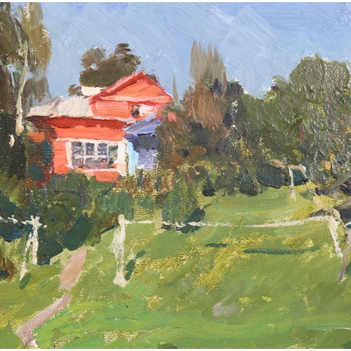 611 - Leonid Fokin (Russian 1930-1985) 'Red Dacha For Artists', oil on board c.1958, 17cm x 24cm, framed (... 