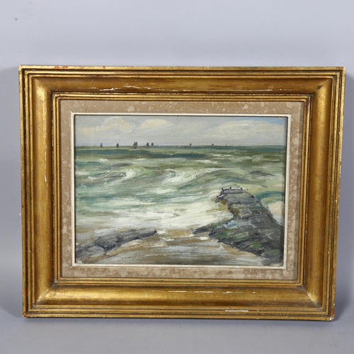 612 - Henri Meuwis (Belgian 1870-1935), Seascape, oil on board, 23cm x 33cm, signed MEUWIS lower right, fr... 