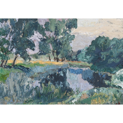 613 - Mid Century, oil on board, meadow scene, signed / monogrammed 'FE', 37cm x 50cm, framed.