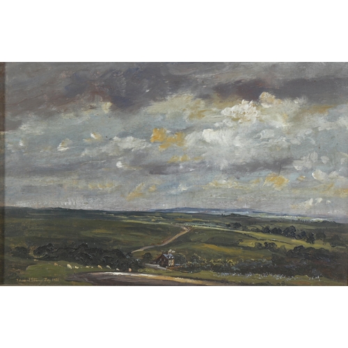 614 - Edward Stamp, oil on board, 'View of Fylingales Moor, North Yorkshire', signed and dated 1981, 15cm ... 