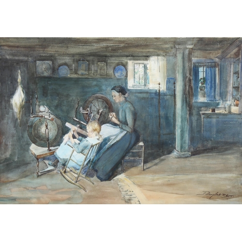 619 - James Douglas RSW (1858-1911), 'Woman and Child Spinning', watercolour on paper, 40cm x 56cm , signe... 