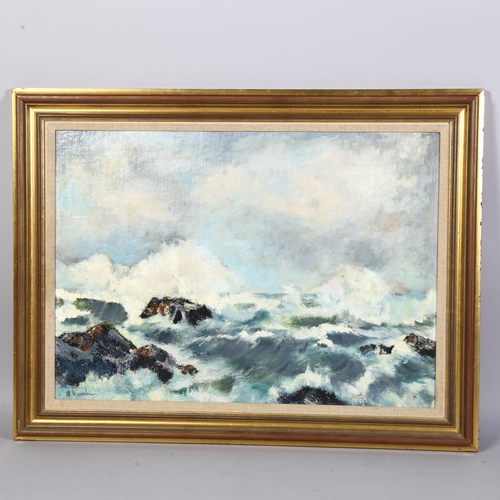 622 - Maria Moreschi, mid century, British, 'Stormy Seascape', oil on board, 48cm x 86cm, framed (unglazed... 