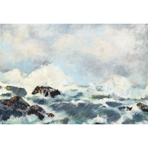 622 - Maria Moreschi, mid century, British, 'Stormy Seascape', oil on board, 48cm x 86cm, framed (unglazed... 