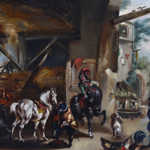 629 - 19th Century oil on board, cavaliers in a courtyard, 26cm x 38cm, unsigned, framed (unglazed). Red w... 