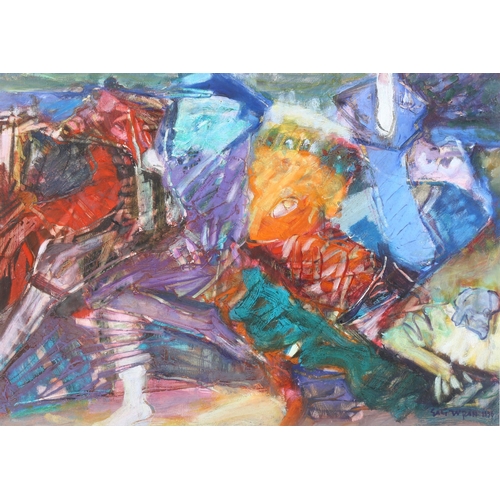 630 - Sali Turan, abstract oil on paper, signed and dated 1996, 35cm x 48cm, framed and glazed.