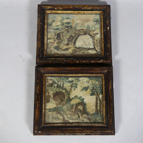 631 - A pair of 18th Century wool and silk forest scenes in antique glazed frames, 22cm x 27cm. No identif... 