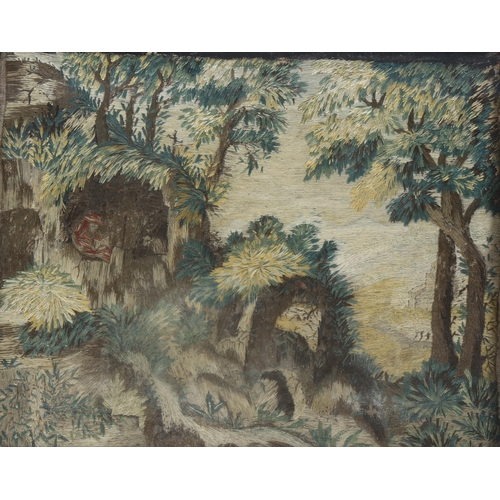 631 - A pair of 18th Century wool and silk forest scenes in antique glazed frames, 22cm x 27cm. No identif... 