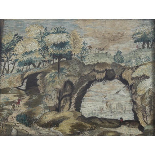 631 - A pair of 18th Century wool and silk forest scenes in antique glazed frames, 22cm x 27cm. No identif... 