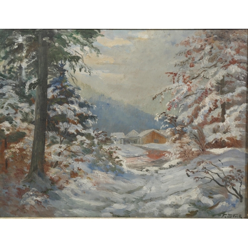 636 - F. Stuck(?), snowy landscape scene, oil on board, 59cm x 45cm, framed (unglazed).