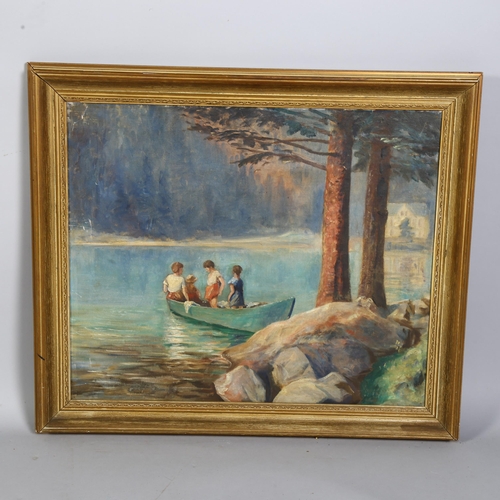 637 - Unsigned oil on canvas, children in a boat, 61cm x 50cm, framed (unglazed). No identifying labels or... 