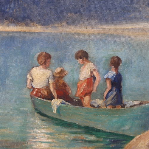 637 - Unsigned oil on canvas, children in a boat, 61cm x 50cm, framed (unglazed). No identifying labels or... 