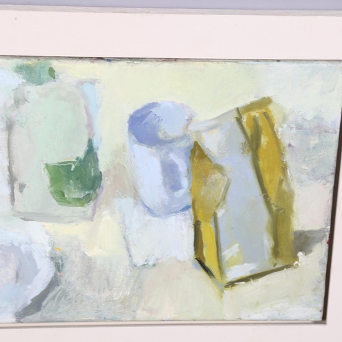 656 - Michael Weller NEAC (British 20th C), 'Egg Carton, Milk and Plate', oil on canvas, 31cm x 82cm, fram... 