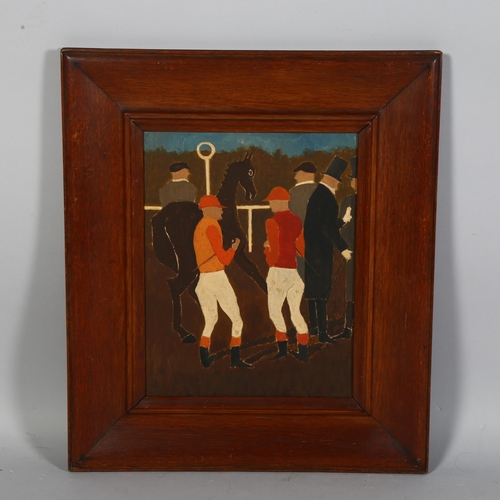 657 - Unsigned naive oil on board c.1920 'Race Day', 33cm x 26cm,
framed (unglazed).