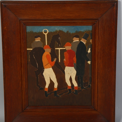 657 - Unsigned naive oil on board c.1920 'Race Day', 33cm x 26cm,
framed (unglazed).