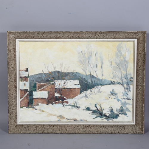 658 - Charles Malle (French b.1935), 'Snow Covered Village', impressionist oil on board, 33cm x 45cm, fram... 