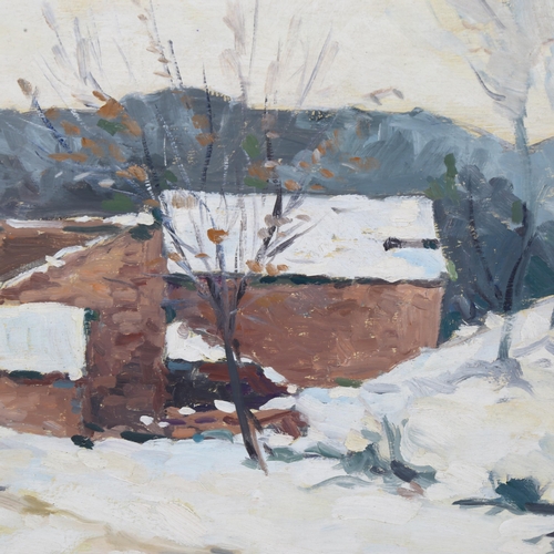 658 - Charles Malle (French b.1935), 'Snow Covered Village', impressionist oil on board, 33cm x 45cm, fram... 