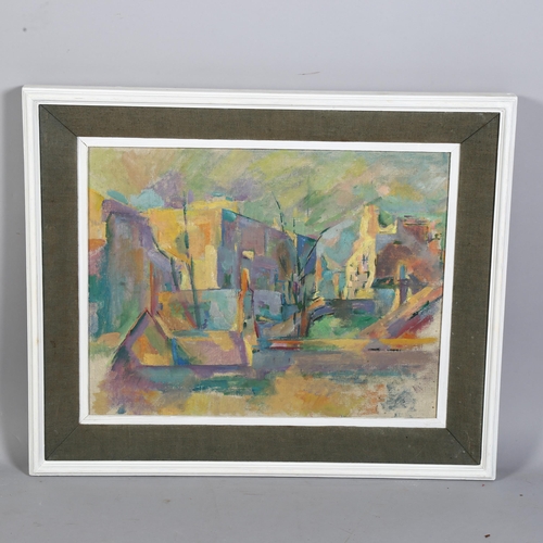 661 - Unsigned 20th Century, oil on canvas, town scene, in the style of Cezanne, 35cm x 45cm, framed (ungl... 