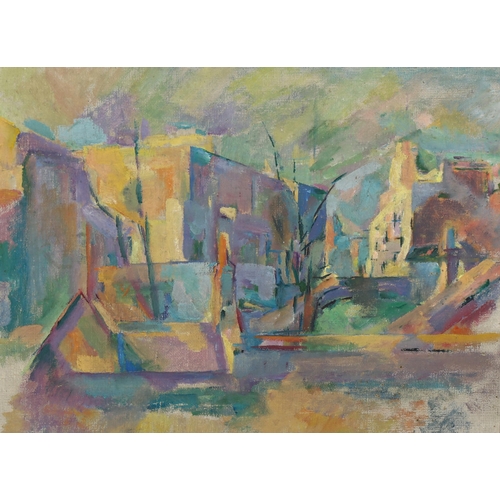 661 - Unsigned 20th Century, oil on canvas, town scene, in the style of Cezanne, 35cm x 45cm, framed (ungl... 