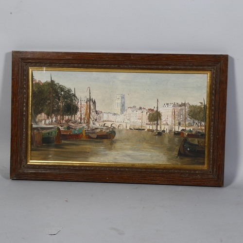 664 - Dutch School, unsigned oil on board, 'Towards the Church of St. Lawerence, Rotterdam', 22cm x 43cm, ... 