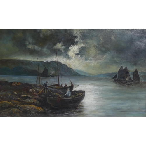 667 - 19th Century oil on canvas, coastal view with fishing boats, 30cm x 50cm, framed and glazed.