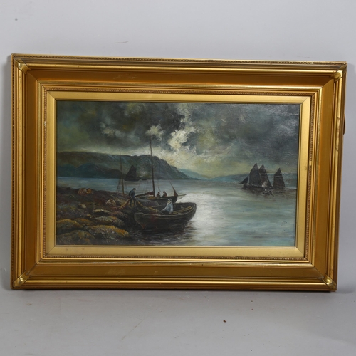 667 - 19th Century oil on canvas, coastal view with fishing boats, 30cm x 50cm, framed and glazed.