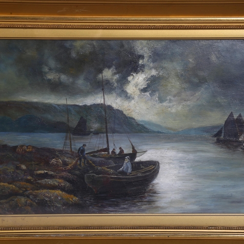 667 - 19th Century oil on canvas, coastal view with fishing boats, 30cm x 50cm, framed and glazed.