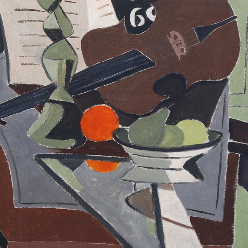 668 - 20th Century oil on canvas, still life in a cubist style, unsigned, 75cm x 54cm, framed (unglazed).