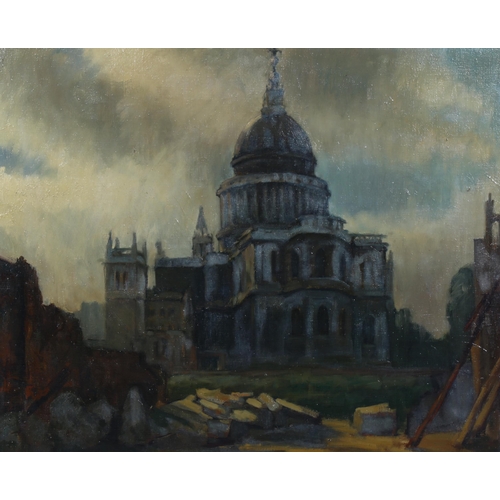 671 - British School, St Paul's in the Blitz surrounded by rubble, mid-20th century oil on canvas, indisti... 