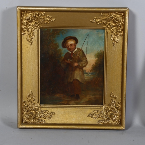 673 - 19th century oil on canvas, boy holding fish, unsigned, 22cm x 18.5cm, in gilt frame.