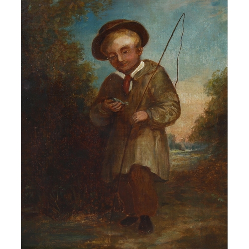 673 - 19th century oil on canvas, boy holding fish, unsigned, 22cm x 18.5cm, in gilt frame.