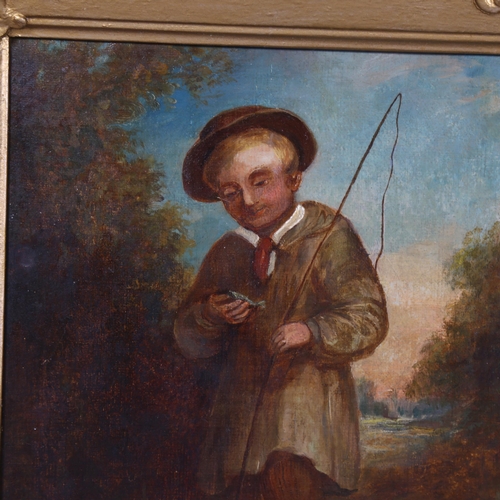 673 - 19th century oil on canvas, boy holding fish, unsigned, 22cm x 18.5cm, in gilt frame.