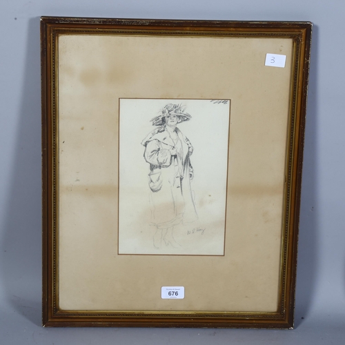 676 - An early 20th century pencil portrait of a woman, signed W R Hay, 27cm x 17cm, framed