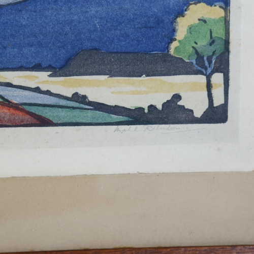 677 - Mabel Robinson, The Teign Valley, 20th century woodcut print, signed, 31 x 22cm, framed