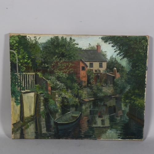 678 - F H Stonham, mid-20th century, cottages on riverbank, oil on canvas, signed, unframed, 51cm x 41cm