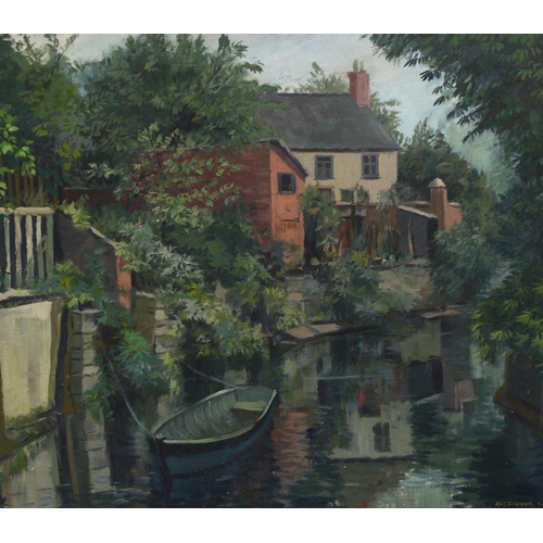 678 - F H Stonham, mid-20th century, cottages on riverbank, oil on canvas, signed, unframed, 51cm x 41cm