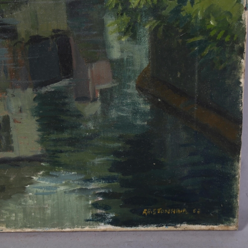 678 - F H Stonham, mid-20th century, cottages on riverbank, oil on canvas, signed, unframed, 51cm x 41cm