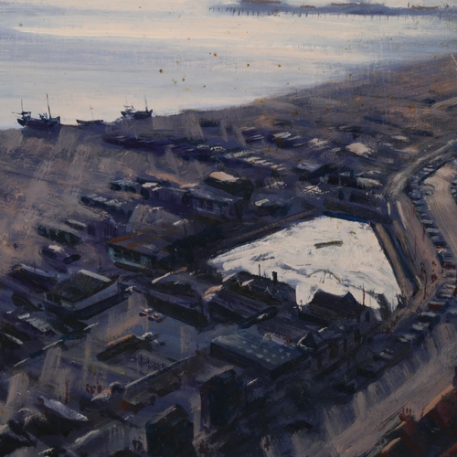 679 - Graham Coton (1926-2003), view of Hastings Old Town and fishing beach from East Hill, oil on board, ... 