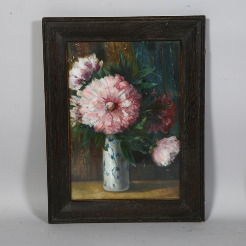 681 - Still life of flowers in blue and white vase, oil on board, unsigned, 34cm x 23cm, framed