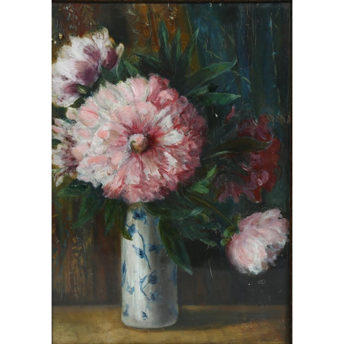 681 - Still life of flowers in blue and white vase, oil on board, unsigned, 34cm x 23cm, framed