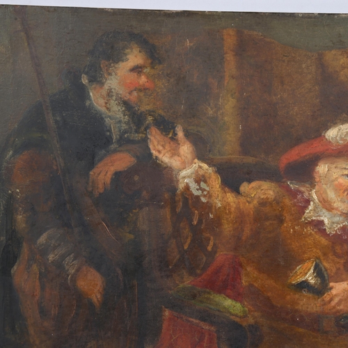 682 - A 19th century oil on board depicting Sir John Falstaff at the Boar's Head Inn, unsigned, 34cm x 39.... 