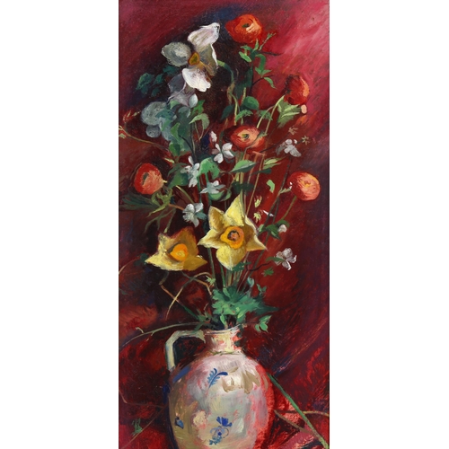 687 - Elizabeth Biddulph, still life flowers, oil on board, label verso, 37.5 x 16cm, framed