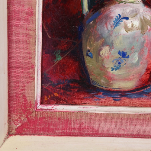 687 - Elizabeth Biddulph, still life flowers, oil on board, label verso, 37.5 x 16cm, framed