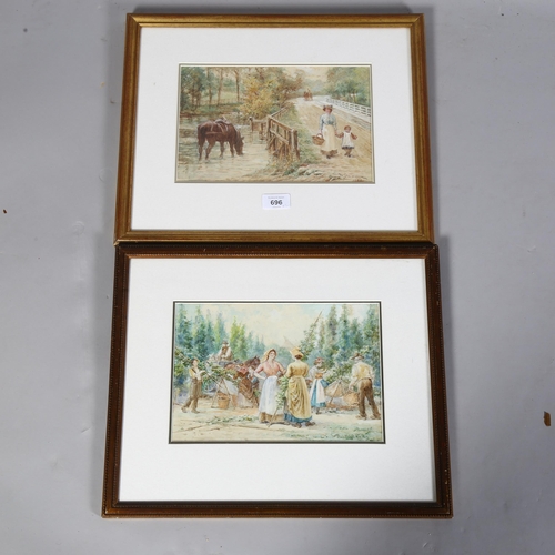 696 - A pair of watercolour country scenes, including hop-pickers, signed W Duncan, dated 1904, 26cm x 18c... 